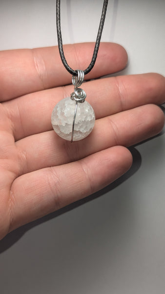 wire wrapped crackled quartz sphere necklace